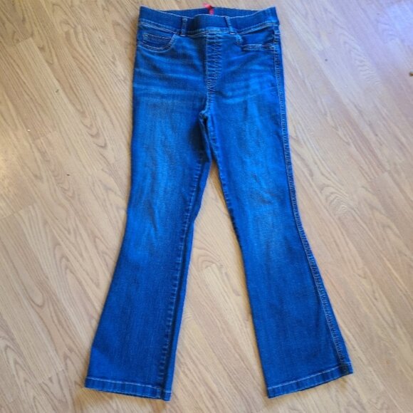 SPANX FLARE JEANS HIGH RISE WAIST PULL ON STRETCH DENIM MEDIUM-DARK WASH sz L - Picture 2 of 6